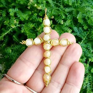 Faceted Glass Beaded Cross Pendant, Wire Wrapped Pendant, 3"